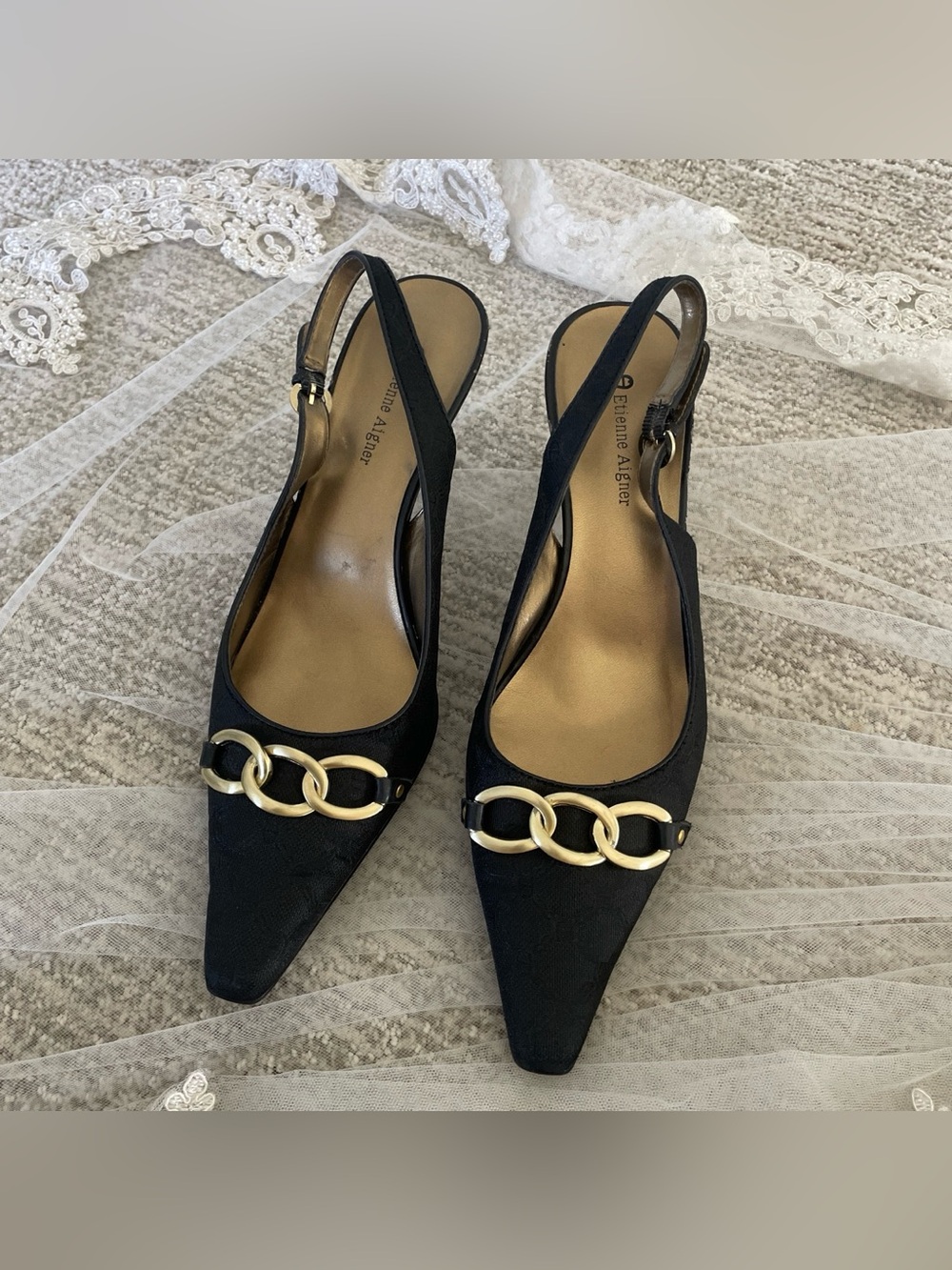 Etienne Aigner Slingback Pointed-Toe Flats with Gold Chain Accent - Black